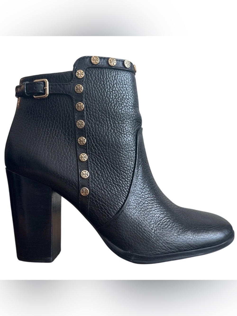 Tory Burch Mae Black Pebbled Leather Gold Studded Booties Size 8.5